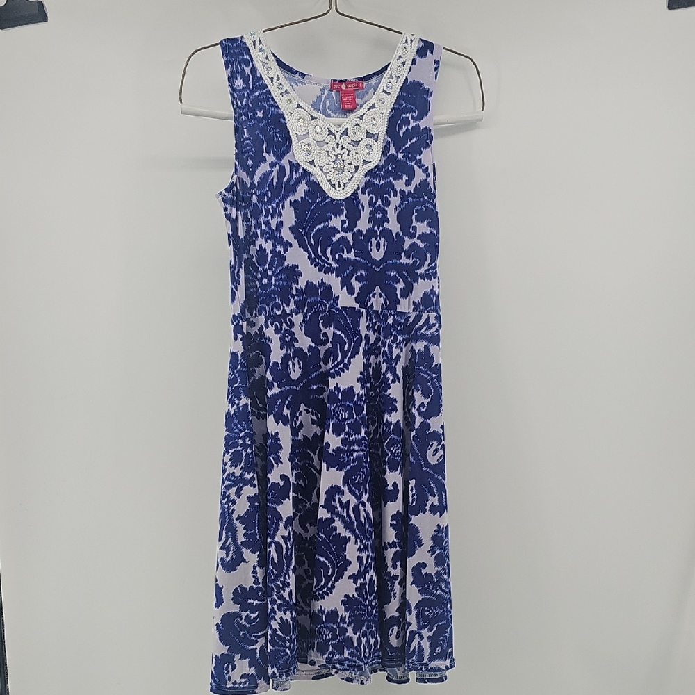 Pink Apple Blue & White Damask Print Dress with Sequin Lace Neckline Large